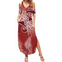 Aotearoa Maori Koru Curves Family Matching Summer Maxi Dress and Hawaiian Shirt Silver Ferns - Crimson Red LT7 Mom's Dress Red - Polynesian Pride
