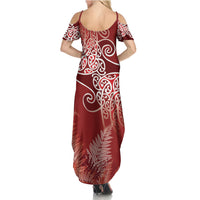 Aotearoa Maori Koru Curves Family Matching Summer Maxi Dress and Hawaiian Shirt Silver Ferns - Crimson Red LT7 - Polynesian Pride
