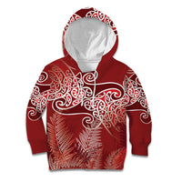 Aotearoa Maori Koru Curves Kid Hoodie Silver Ferns - Crimson Red