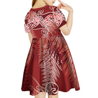 Aotearoa Maori Koru Curves Kid Short Sleeve Dress Silver Ferns - Crimson Red