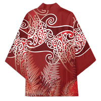 Aotearoa Maori Koru Curves Kimono Silver Ferns - Crimson Red