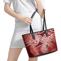 Aotearoa Maori Koru Curves Leather Tote Bag Silver Ferns - Crimson Red