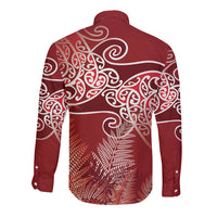 Aotearoa Maori Koru Curves Long Sleeve Button Shirt Silver Ferns - Crimson Red