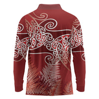 Aotearoa Maori Koru Curves Long Sleeve Polo Shirt Silver Ferns - Crimson Red