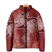 Aotearoa Maori Koru Curves Padded Jacket Silver Ferns - Crimson Red