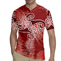 Aotearoa Maori Koru Curves Rugby Jersey Silver Ferns - Crimson Red