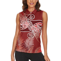 Aotearoa Maori Koru Curves Women Sleeveless Polo Shirt Silver Ferns - Crimson Red