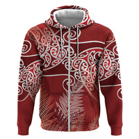 Aotearoa Maori Koru Curves Zip Hoodie Silver Ferns - Crimson Red LT7 Zip Hoodie Red - Polynesian Pride