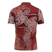 Aotearoa Maori Koru Curves Zipper Polo Shirt Silver Ferns - Crimson Red