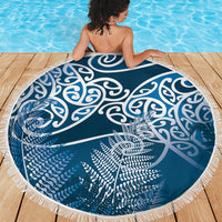 Aotearoa Maori Koru Curves Beach Blanket Silver Ferns - Navy Blue