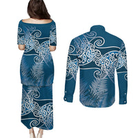 Aotearoa Maori Koru Curves Couples Matching Puletasi and Long Sleeve Button Shirt Silver Ferns - Navy Blue