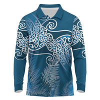 Aotearoa Maori Koru Curves Long Sleeve Polo Shirt Silver Ferns - Navy Blue