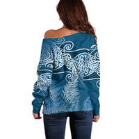 Aotearoa Maori Koru Curves Off Shoulder Sweater Silver Ferns - Navy Blue
