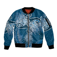 Aotearoa Maori Koru Curves Sleeve Zip Bomber Jacket Silver Ferns - Navy Blue