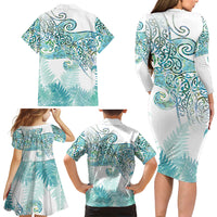 Aotearoa Maori Koru Curves Family Matching Long Sleeve Bodycon Dress and Hawaiian Shirt Mossy Paua Shell LT7 - Polynesian Pride