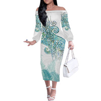 Aotearoa Maori Koru Curves Family Matching Off The Shoulder Long Sleeve Dress and Hawaiian Shirt Mossy Paua Shell LT7 Mom's Dress Green - Polynesian Pride