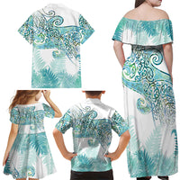 Aotearoa Maori Koru Curves Family Matching Off Shoulder Maxi Dress and Hawaiian Shirt Mossy Paua Shell