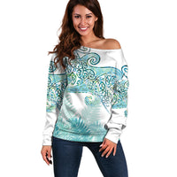 Aotearoa Maori Koru Curves Off Shoulder Sweater Mossy Paua Shell