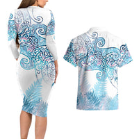 Aotearoa Maori Koru Curves Couples Matching Long Sleeve Bodycon Dress and Hawaiian Shirt Aqua Paua Shell