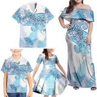 Aotearoa Maori Koru Curves Family Matching Off Shoulder Maxi Dress and Hawaiian Shirt Aqua Paua Shell