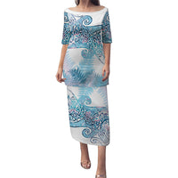 Aotearoa Maori Koru Curves Family Matching Puletasi and Hawaiian Shirt Aqua Paua Shell