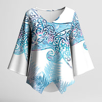 Aotearoa Maori Koru Curves Kimono Sleeve Blouse Aqua Paua Shell