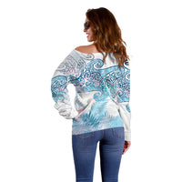 Aotearoa Maori Koru Curves Off Shoulder Sweater Aqua Paua Shell
