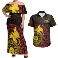 Papua New Guinea Independence Personalized Couples Matching Off Shoulder Maxi Dress and Hawaiian Shirt Tapa Circle LT7 Black - Polynesian Pride