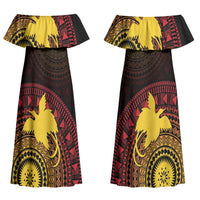 Papua New Guinea Independence Personalized Couples Matching Off Shoulder Maxi Dress and Long Sleeve Button Shirt Tapa Circle LT7 - Polynesian Pride