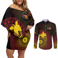 Papua New Guinea Independence Personalized Couples Matching Off Shoulder Short Dress and Long Sleeve Button Shirt Tapa Circle LT7 Black - Polynesian Pride