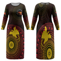 Papua New Guinea Independence Personalized Family Matching Long Sleeve Bodycon Dress and Hawaiian Shirt Tapa Circle LT7 Mom's Dress Black - Polynesian Pride