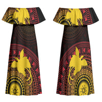Papua New Guinea Independence Personalized Family Matching Off Shoulder Maxi Dress and Hawaiian Shirt Tapa Circle LT7 Mom's Dress Black - Polynesian Pride