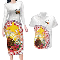 Hapi De Bilong Indipendens Papua New Guinea Couples Matching Long Sleeve Bodycon Dress and Hawaiian Shirt PNG Lime Pot LT7 White - Polynesian Pride