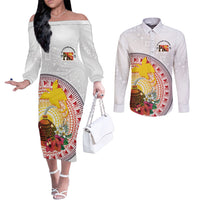Hapi De Bilong Indipendens Papua New Guinea Couples Matching Off The Shoulder Long Sleeve Dress and Long Sleeve Button Shirt PNG Lime Pot LT7 White - Polynesian Pride