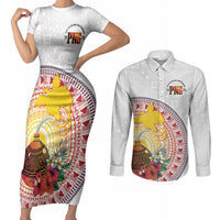 Hapi De Bilong Indipendens Papua New Guinea Couples Matching Short Sleeve Bodycon Dress and Long Sleeve Button Shirt PNG Lime Pot LT7 White - Polynesian Pride