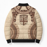 Bula Fiji Day 55th Anniversary Masi Tapa Bomber Puffer Jacket Emerald Jubilee - Beige - Polynesian Pride
