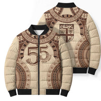Bula Fiji Day 55th Anniversary Masi Tapa Bomber Puffer Jacket Emerald Jubilee - Beige - Polynesian Pride