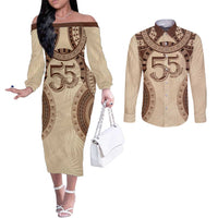 Bula Fiji Day 55th Anniversary Masi Tapa Couples Matching Off The Shoulder Long Sleeve Dress and Long Sleeve Button Shirt Emerald Jubilee - Beige LT7 Beige - Polynesian Pride