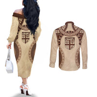 Bula Fiji Day 55th Anniversary Masi Tapa Couples Matching Off The Shoulder Long Sleeve Dress and Long Sleeve Button Shirt Emerald Jubilee - Beige LT7 - Polynesian Pride