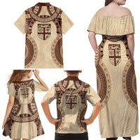 Bula Fiji Day 55th Anniversary Masi Tapa Family Matching Off Shoulder Maxi Dress and Hawaiian Shirt Emerald Jubilee - Beige LT7 - Polynesian Pride