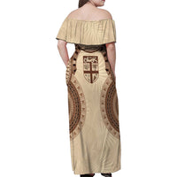 Bula Fiji Day 55th Anniversary Masi Tapa Family Matching Off Shoulder Maxi Dress and Hawaiian Shirt Emerald Jubilee - Beige LT7 - Polynesian Pride