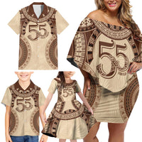 Bula Fiji Day 55th Anniversary Masi Tapa Family Matching Off Shoulder Short Dress and Hawaiian Shirt Emerald Jubilee - Beige LT7 - Polynesian Pride