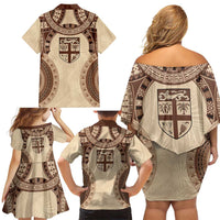 Bula Fiji Day 55th Anniversary Masi Tapa Family Matching Off Shoulder Short Dress and Hawaiian Shirt Emerald Jubilee - Beige LT7 - Polynesian Pride