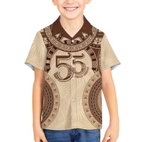 Bula Fiji Day 55th Anniversary Masi Tapa Family Matching Off Shoulder Short Dress and Hawaiian Shirt Emerald Jubilee - Beige LT7 Son's Shirt Beige - Polynesian Pride