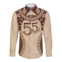 Bula Fiji Day 55th Anniversary Masi Tapa Long Sleeve Button Shirt Emerald Jubilee - Beige - Polynesian Pride