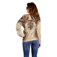 Bula Fiji Day 55th Anniversary Masi Tapa Off Shoulder Sweater Emerald Jubilee - Beige - Polynesian Pride