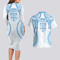 Bula Fiji Day 55th Anniversary Masi Tapa Couples Matching Long Sleeve Bodycon Dress and Hawaiian Shirt Emerald Jubilee - Turquoise LT7 - Polynesian Pride