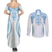 Bula Fiji Day 55th Anniversary Masi Tapa Couples Matching Summer Maxi Dress and Long Sleeve Button Shirt Emerald Jubilee - Turquoise - Polynesian Pride
