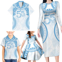 Bula Fiji Day 55th Anniversary Masi Tapa Family Matching Long Sleeve Bodycon Dress and Hawaiian Shirt Emerald Jubilee - Turquoise LT7 - Polynesian Pride