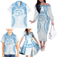 Bula Fiji Day 55th Anniversary Masi Tapa Family Matching Off The Shoulder Long Sleeve Dress and Hawaiian Shirt Emerald Jubilee - Turquoise LT7 - Polynesian Pride